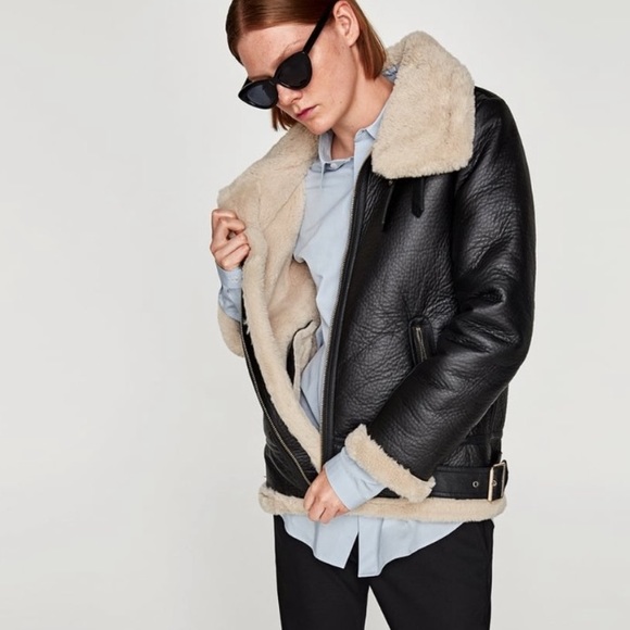 Zara Aviator biker Jacket Sherpa lined black small